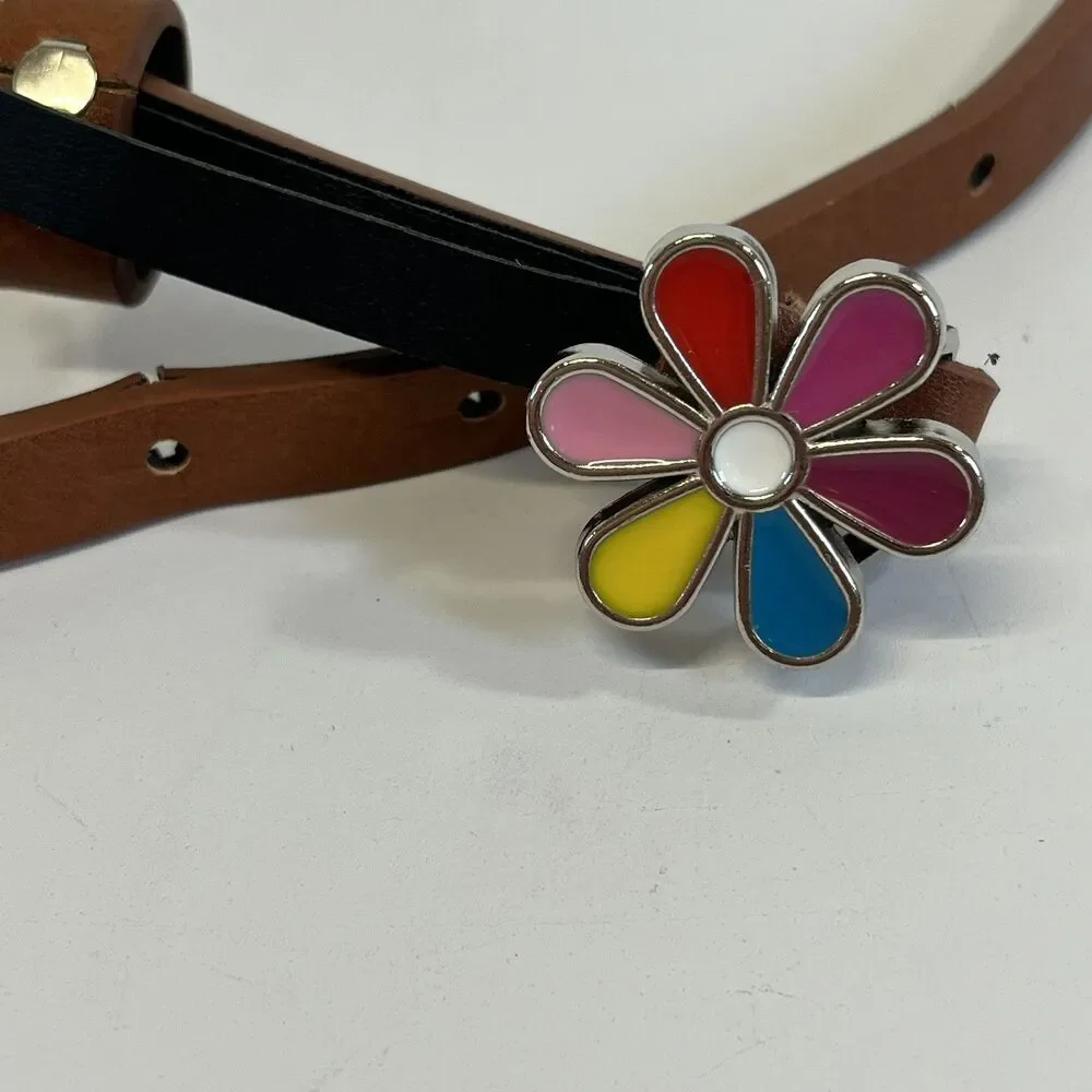 BOHO FAUX LEATHER SKINNY BELT COLORFUL ENAMEL FLOWER BUCKLE. 60's Hippie Vibe